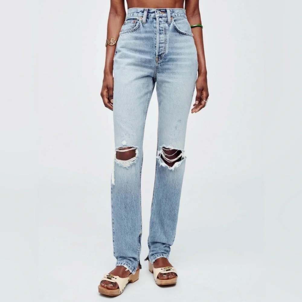 RE/DONE Super High Drainpipe Destroy Wrecking Blue Jeans Size 26 NEW Distressed